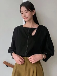 FRIFUL Cut Out Top-stitching Drop Shoulder Blouse - Black - View 4