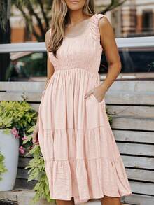 Chất rắn Xù Hoa Sen Đầm xếp ly - Màu be - Xem 7