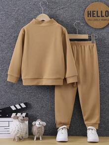 SHEIN Young Boy Solid Sweatshirt & Letter Patched Sweatpants - Khaki - View 2