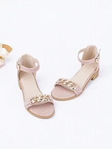 Girls Chain Decor Chunky Heeled Ankle Strap Sandals - Pink - View 5