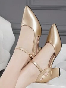 2025秋冬新款女士百搭舒适绑带凉鞋，高跟粗跟尖头套脚凉鞋，优雅女士高跟鞋，高贵典雅 - 金色 - 查看 2