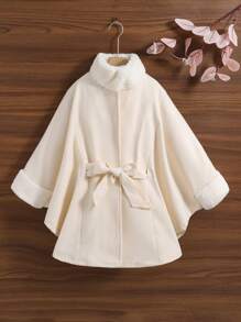 Chica adolescente Abrigo de peluche puño de manga murciélago con cinturón - Beis - Ver 1