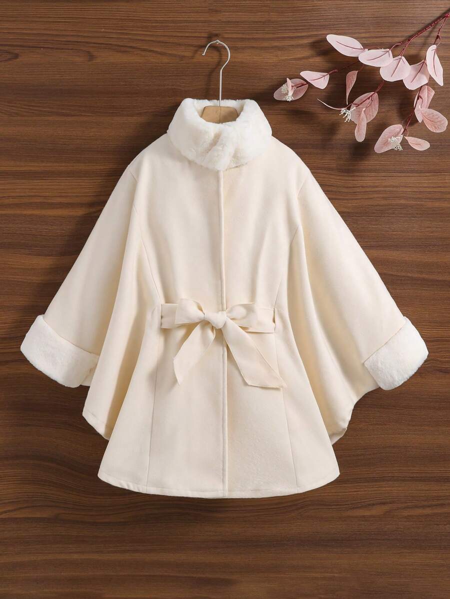 Chica adolescente Abrigo de peluche puño de manga murciélago con cinturón - Beis - Ver 1