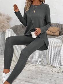 SHEIN LUNE Solid Tulip Hem Tee & Leggings - Grey - View 4