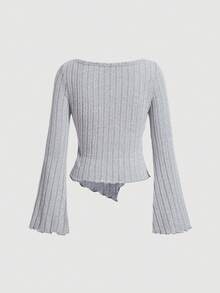 SHEIN MOD Lettuce Trim Flare Sleeve Asymmetrical Hem Tee - Grey - View 2