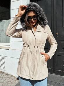 RueChic Drawstring Waist Fuzzy Trim Hooded Parka Coat - Khaki - View 7