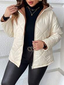 SHEIN LUNE Plus Zip Up Hooded Quilted Padded Coat Clothes Winter - Beige - View 3