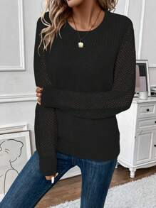EMERY ROSE Solid Pointelle Knit Sweater,Long Sleeve Tops Knit Pullover Fall Winter Outfit - Black - View 5