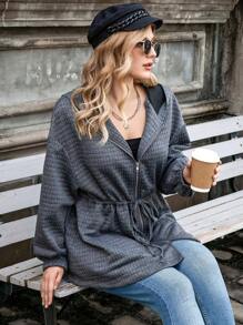 Calvaya 大碼腰部抽繩落肩袖拉鏈開襟連帽外套 - 灰色 - 查看 1