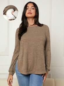 SHEIN 孕婦素色哺乳T恤 - 棕色 - 查看 1