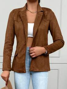 RueChic Lapel Neck Open Front Blazer - Brown - View 3
