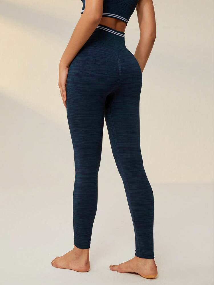 Seamless Striped Print Wideband Waist Sports Leggings