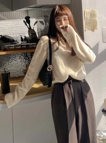 DAZY 纯色落肩毛衣、长袖上衣、秋装 - 杏色 - 查看 7