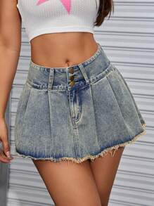 SHEIN ICON 毛邊百褶牛仔半身裙 - 淺色水洗藍 - 查看 1