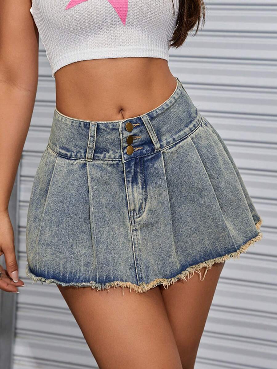 SHEIN ICON 毛邊百褶牛仔半身裙 - 淺色水洗藍 - 查看 1