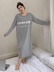 DAZY Slogan Graphic Drop Shoulder Slit Hem Tee Lounge Dress - Grey - View 5