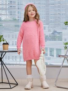 SHEIN Young Girl Solid Fuzzy Sweater Dress - Pink - View 3