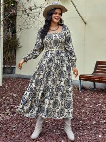 SHEIN VCAY Talla grande Vestido con estampado de cuello cuadrado de manga farol - Multicolor - Ver 1