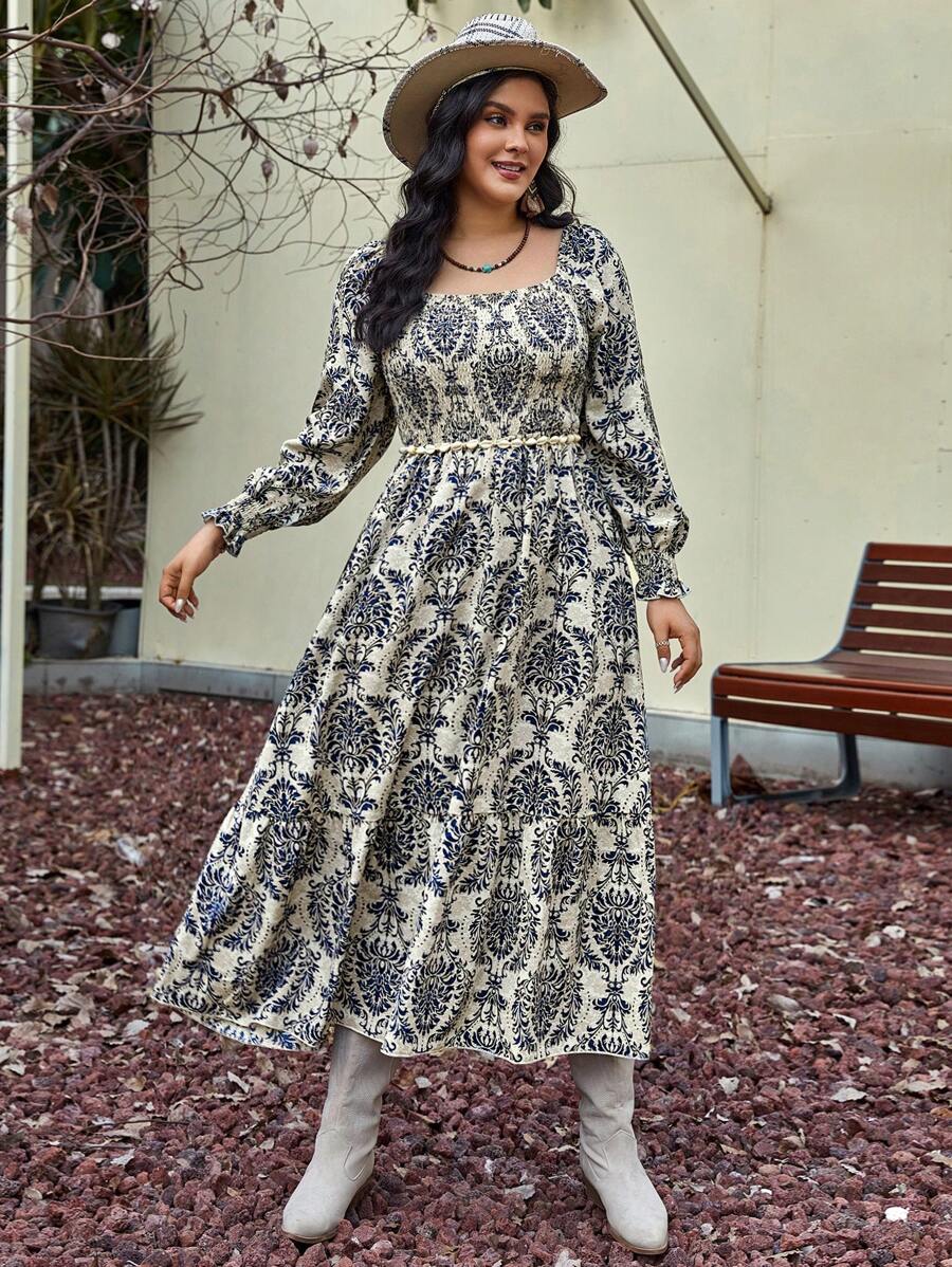 SHEIN VCAY Talla grande Vestido con estampado de cuello cuadrado de manga farol - Multicolor - Ver 1