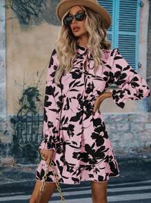 SHEIN Clasi In hoa Cà vạt Tay áo loe Xù Hoa Sen Đầm - Màu Hồng baby - Xem 6