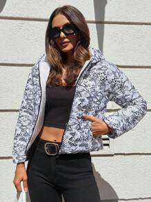 EURMUSE Allover Print Zip Up Hooded Puffer Coat - White - View 1