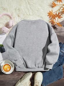 Tween Girl Skull & Letter Graphic Thermal Lined Sweatshirt - Grey - View 2