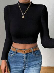 Chiquease Top de punto de cuello alto crop de peluche