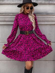 SHEIN Clasi 豹紋印花荷葉袖荷葉邊洋裝 - 玫紅色 - 查看 6