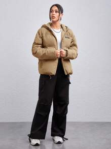 Manfinity VCAY 1pc Men's Loose Fit Letter Patched Drawstring Hooded Padded Coat, For Fall Winter - Camel - View 6