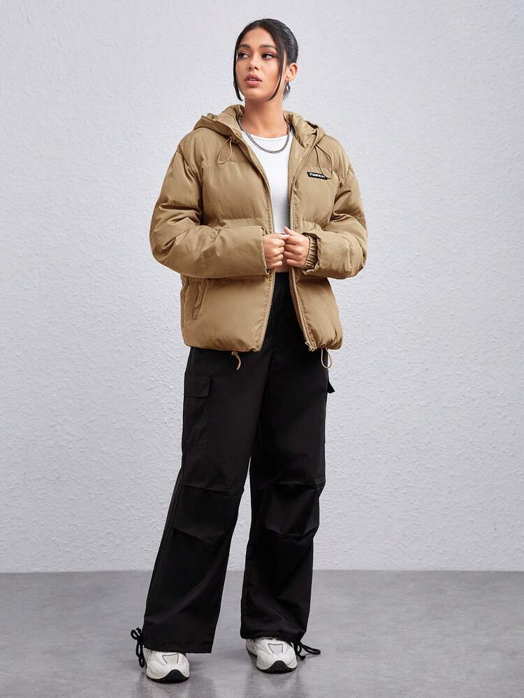 1pc Men's Loose Fit Letter Patched Drawstring Hooded Padded Coat, For Fall Winter