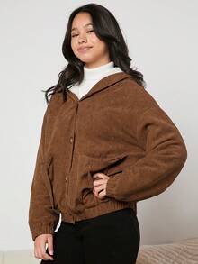 青少年女孩補丁口袋毛絨內襯連帽燈芯絨夾克 - 棕色 - 查看 6