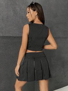 SHEIN EZwear In sọc Nút phía trước Áo khoác Vest & Chân Váy xếp ly - màu đen - Xem 2