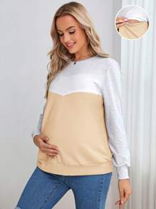 SHEIN 孕婦哺乳細節撞色運動衫 - 卡其色 - 查看 1