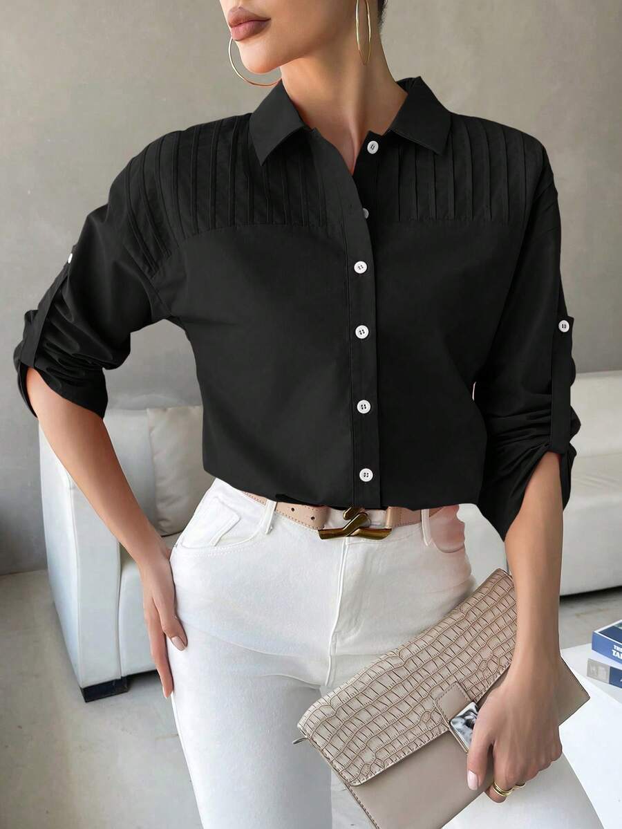 Chiquease Chất rắn Cuộn lên tay áo Nút phía trước Áo sơ mi - màu đen - Xem 1