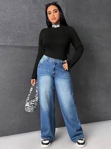 SHEIN EZwear 大碼字母圖案小高領T恤 - 黑色 - 查看 6
