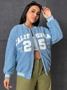 SHEIN EZwear Plus Letter Pattern Striped Trim Drop Shoulder Teddy Jacket - Mint Blue - View 6