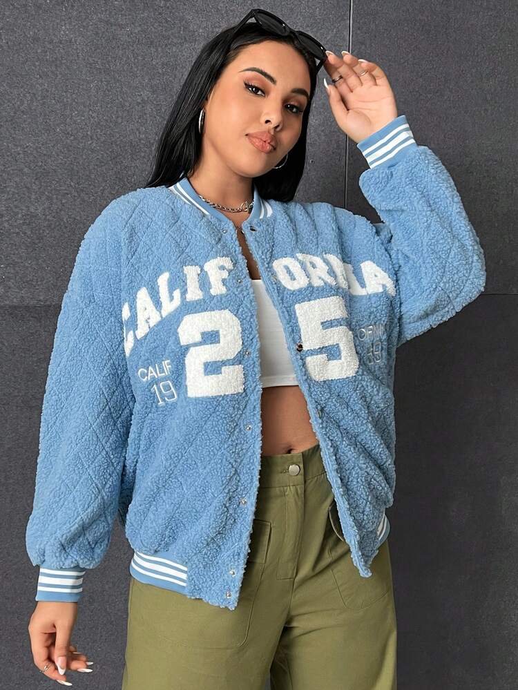 Plus Letter Pattern Striped Trim Drop Shoulder Teddy Jacket