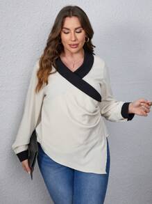 Maweii Plus Contrast Trim Wrap  Asymmetrical Hem Blouse - Apricot - View 1