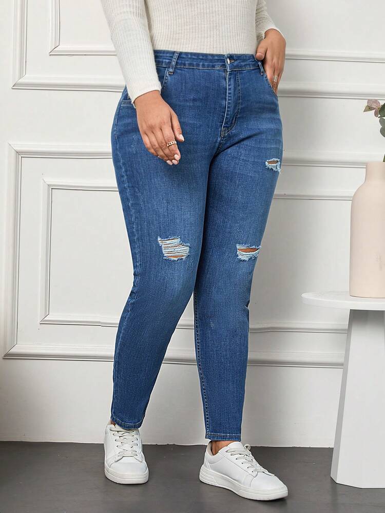 RueChic 大碼破洞緊身牛仔褲 - 藍色 - 查看 4