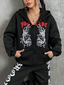 SHEIN Coolane Letter Graphic Drop Shoulder Hoodie & Sweatpants - Black - View 4