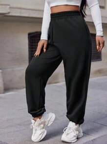 RueChic Plus Solid Elastic Waist Sweatpants - Black - View 4