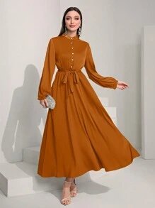 Modelyn Mock Neck Lantern Sleeve Belted Dress - Burnt Orange - View 5