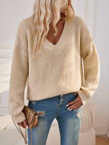 SHEIN Frenchy Cổ v Thả vai Áo len - Màu be - Xem 2