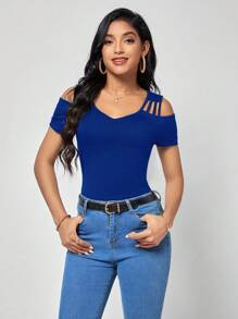 SHEIN Clasi Solid Cold Shoulder Tee - Royal Blue - View 3