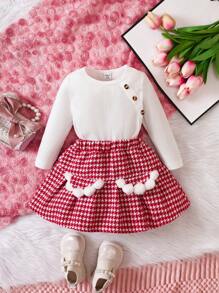 女嬰條紋針織T恤&格子圖案前蝴蝶結半身裙 - 白色 - 查看 1