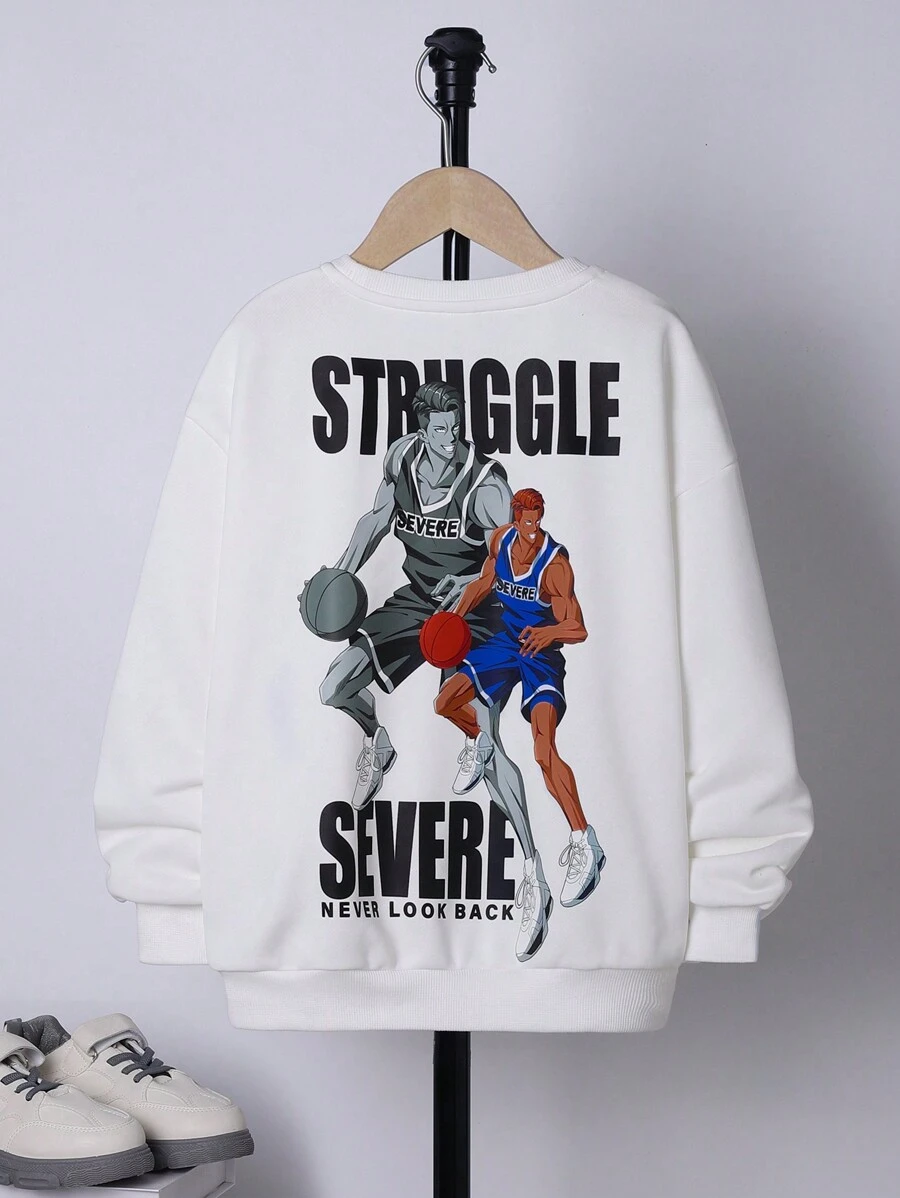 SHEIN Tween Boy Figure & Letter Graphic Drop Shoulder Sweatshirt - White - View 1
