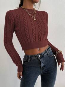 SHEIN Essnce Cable Knit Crop Sweater - Burgundy - View 3