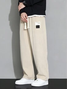 Men Letter Patched Detail Drawstring Waist Pants - Apricot - View 3
