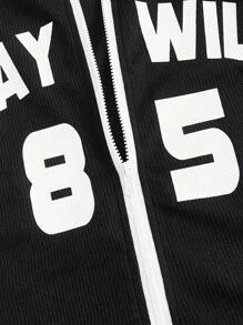 SHEIN EZwear Plus Letter Graphic Zip Up Hoodie - Black - View 3