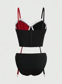 Harley Quinn | ROMWE Colorblock Frill Trim Garter Bustier Set Lingerie - Black - View 2